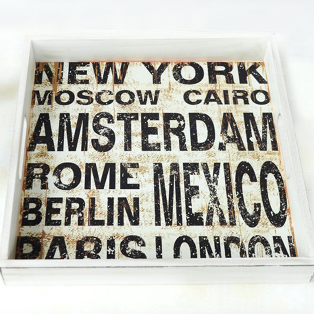 Wood Serving Tray with CITY NAMES - White - Size: 13.75 x 2 inch - 35x5cm deep - NEW1020