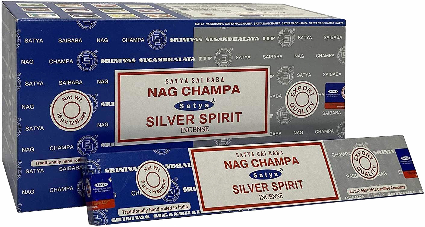 Satya Combo Series - Silver Spirit & Nag Champa Incense - Box of 12 Packs Each pack contains 8gms of each scent - 16g NEW421