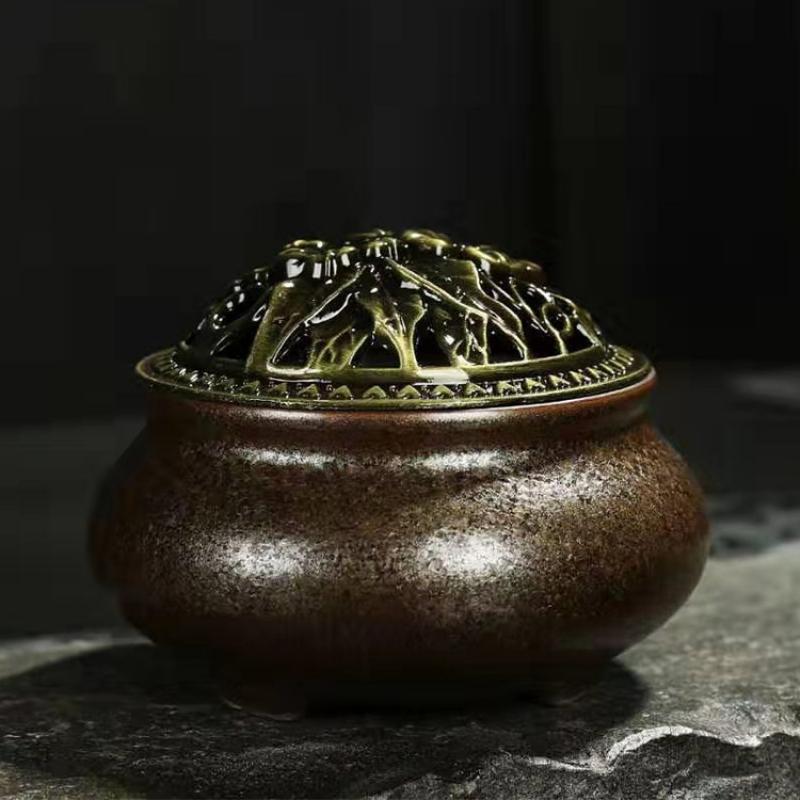 Moisten the world crystal glaze Porcelain Resin Incense Burner with Lid - Brown - 9.5x7cm - China - NEW922