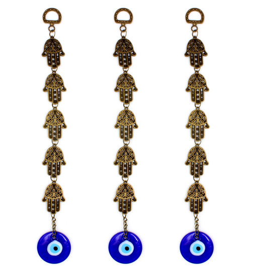 Evil Eye Hanger with 1 Blown Glass Eyes & 5 Hamsa Hands - Long - 10 inch 26cm - China - NEW123