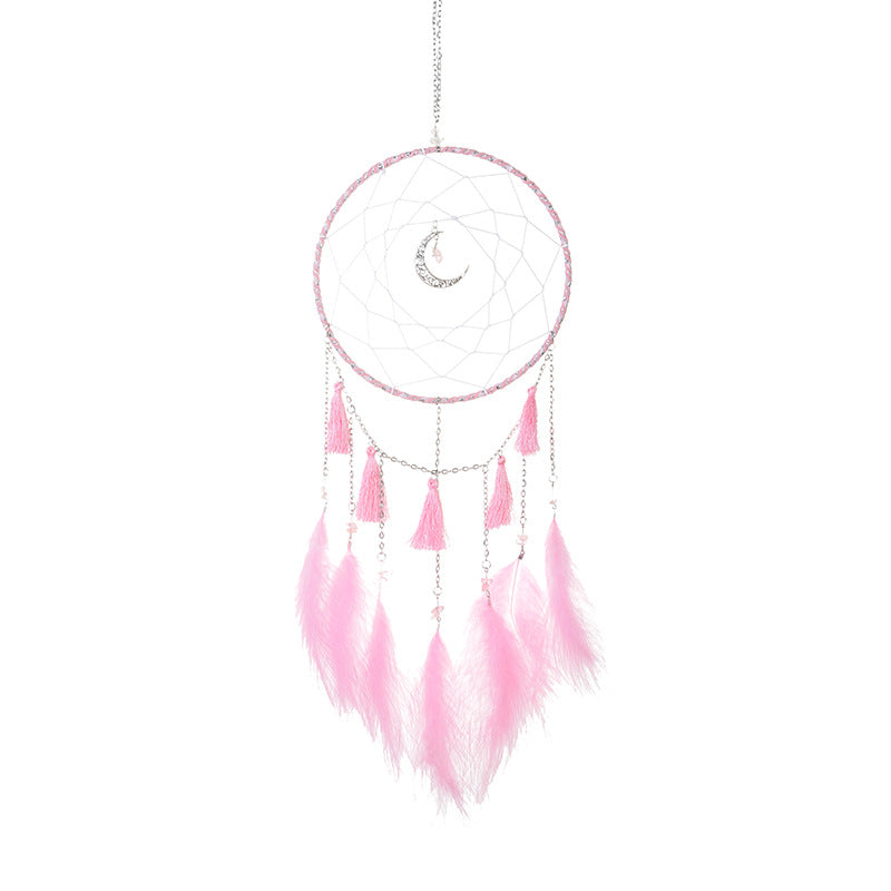 Feather Dream Catcher with Crescent Moon - Velveteen & Chain - Pink - 16 x 50cm - NEW922