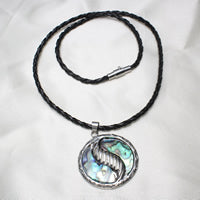 Abalone Shell Round Pendant on PU Leather Necklace - platinum color plated Brass - nickel lead & cadmium free Approx 16.5 Inch - NEW222
