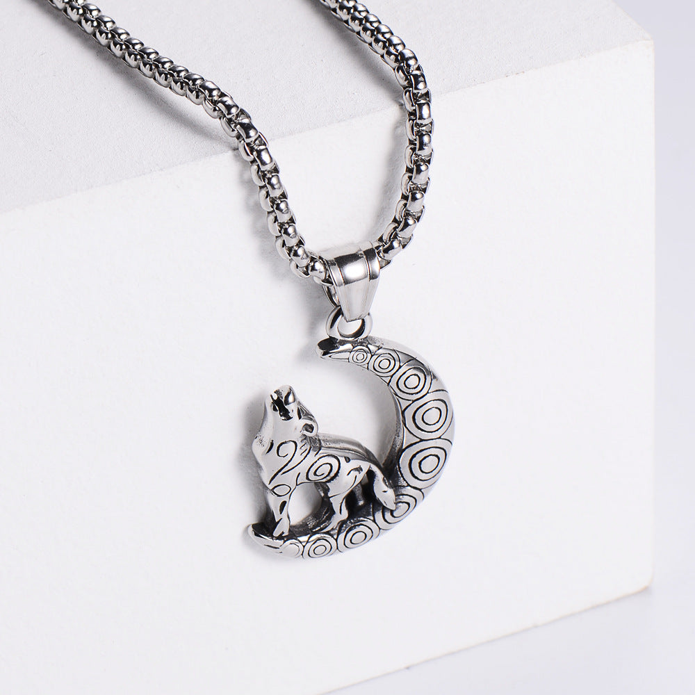 Stainless Steel Wolf & Moon Pendant with 60cm Chain - Silver Color - 30x26mm 12 grams - NEW922