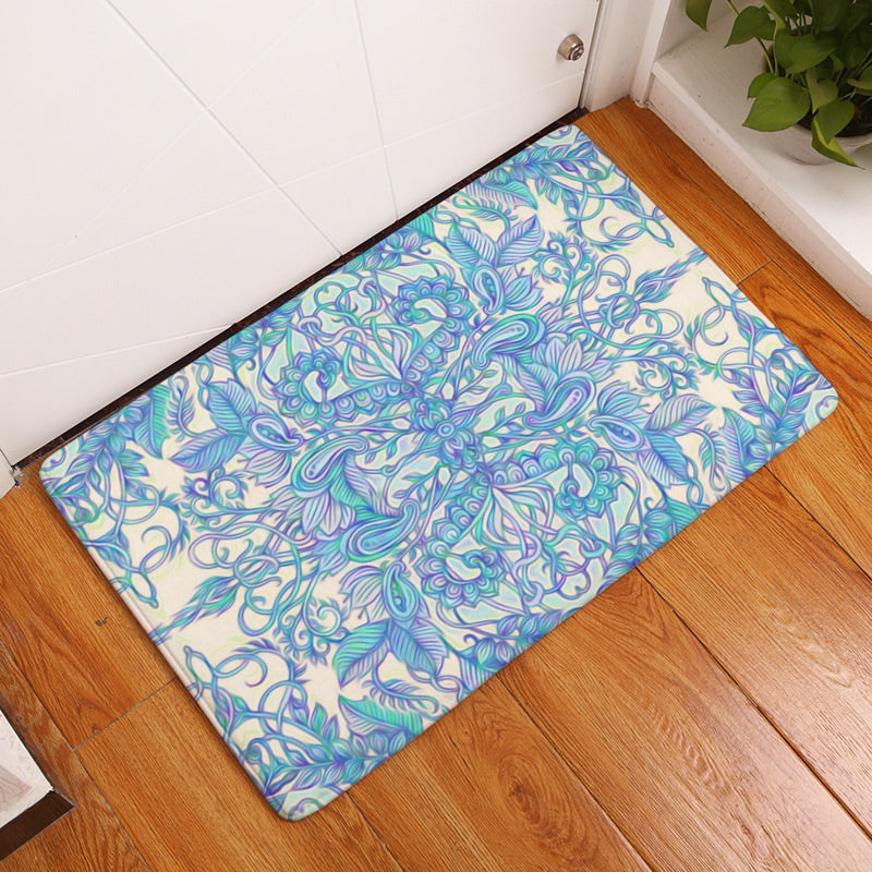 Mandala - Blue n Green on Cream - Polyester Floor Mat - Rectangle - Size 40x60cm - NEW521